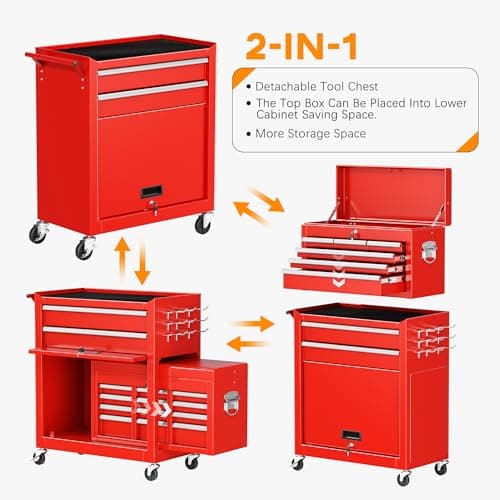 INTERGREAT Tool Chest, 8-Drawer Tool Chest with Wheels, Detachable Red Metal Tool Cabinet with Lock Top Tool Box, Garage, Warehouse, Workshops, Repair Shop 7