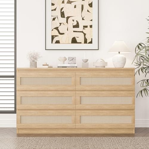 Jojoka Rattan Dresser for Bedroom, Modern 6 Drawer Double Dresser with Anti-Tip Kit, Wood Storage Wide Chest of Drawers for Bedroom, Living Room, Hallway, Natural 8