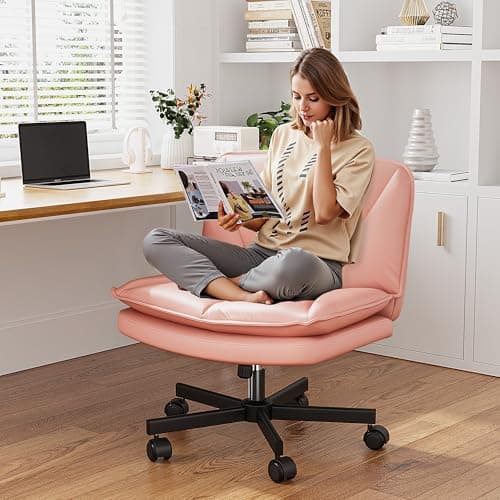 DurayLoly Criss Cross Chair with Wheels,Cross Legged Office Chair with 2 Layer Cushion,Comfy Wide Seat,Leather,Amless, Vanity Chairs for Home,Office,Make Up,Bed Room,Adjustable,Pink