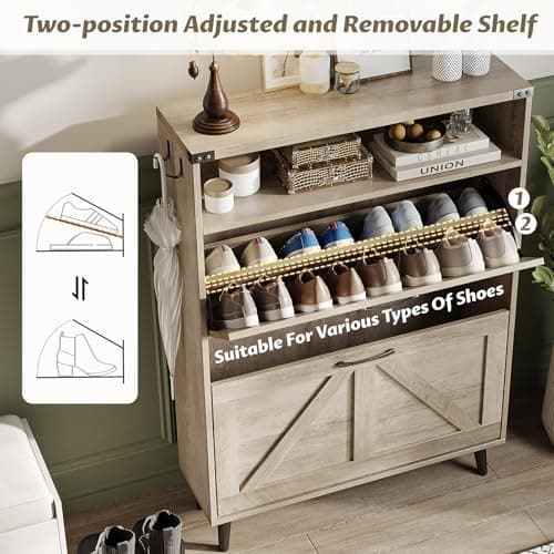 Halitaa Shoe Cabinet with 2 Flip Drawers & Open Storage,Farmhouse Shoe Storage Cabinet for Entryway,Freestanding Narrow Organizer Rack with Legs,Foyer,Hallway,Grey 5