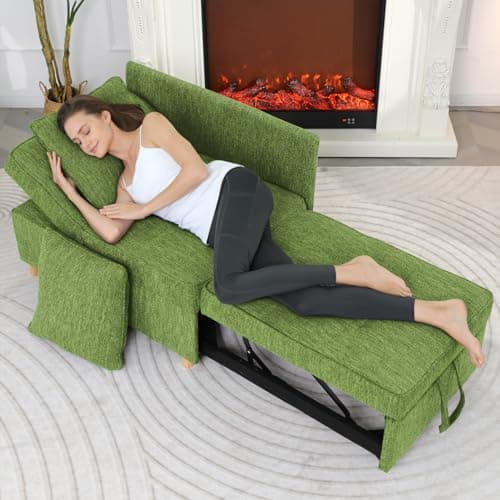 Sleeper Sofa, 4-in-1 Convertible Sofa Bed, 3-Seat Linen Fabric Love seat Couch with 2 Throw Pillow, Single Recliner for Small Space with 5 Adjustable Backrest 6