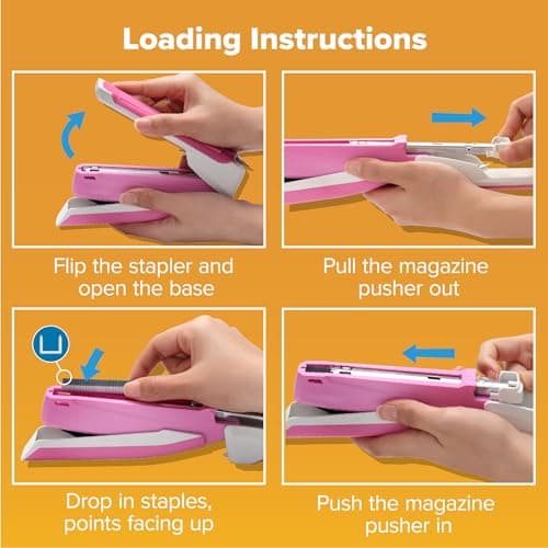 Bostitch Office InPower Spring-Powered Desktop Stapler, 20 Sheet Capacity, One Finger Stapling, Includes 210 Staples, Jam Free, Opens for Tacking, Breast Cancer Awareness Pink 6
