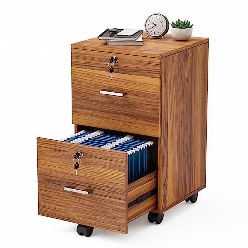 VINGLI 2-Drawer Rolling File Cabinet with Lock, Wood Mobile File Organization for Hanging Letter Size Filings Under Desk Filing Cabinets for Home Office, Assembly Required, Classic Walnut, 26.5" H