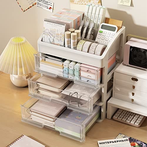 ZHAIXIAONIAN Desk Organizer with Drawers, 3 Drawer Desktop Plastic Storage, Clear Desktop Storage Drawers for Office Supplies, Make up Organizers 5