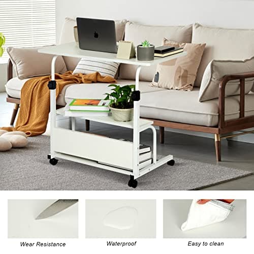 QZMDSM Portable Desk with Wheels Small Standing Desk on Wheels Adjustable Height Rolling Desksfor Home Office Study White 6