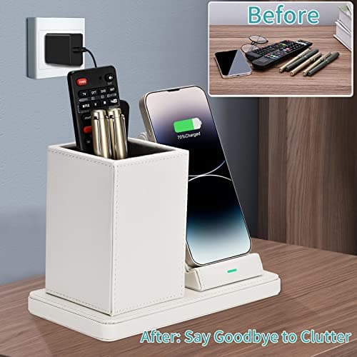 Wireless Charger with Desk Organizer, Wireless Charging Station for iPhone 14/14 Pro/13/12/11/Samsung Galaxy S23/S22/S21/S20/Note 20/Note 10, Charging Stand with Leather, White 6