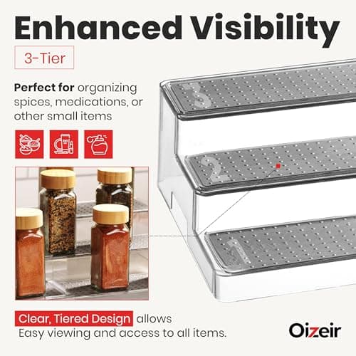 Oizeir Expandable Spice Organizer Rack (2-PACK) - 3-Tier - Clear Adjustable Tiered Shelf Spices Organization for Kitchen Cabinet and Pantry Storage 4