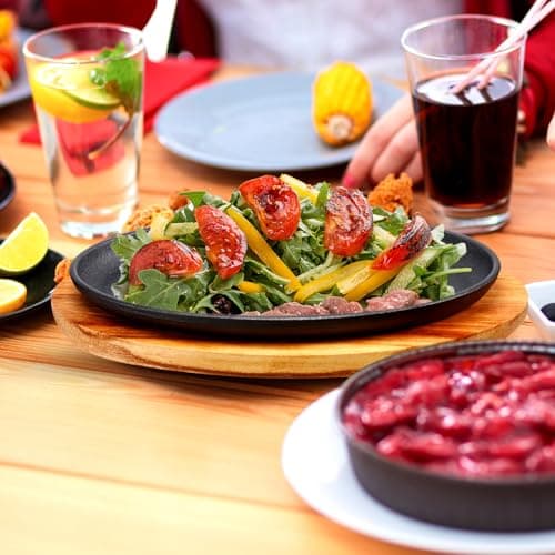 FoldTier 1 Set Cast Iron Skillet Set 10.63'' x 6.89'' Fajita Plate Sizzling Pan with Wooden Base Anti Scald Protection Removable Handle for Restaurant Kitchen Cooking Accessory BBQ Party 6