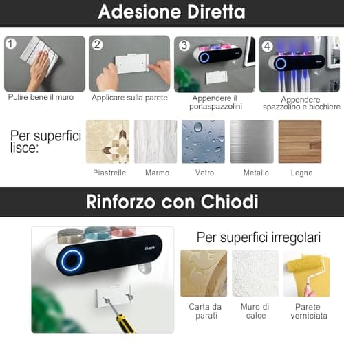 iHave Wall Mounted Electric Toothbrush Holders with 3 Cups, UV Sanitizer, Toothpaste Dispenser, Smart Home Bathroom Accessories & Decor, Black 6