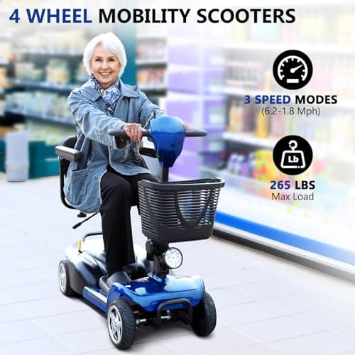 4 Wheel All Terrain Mobility Scooter for Adults, 265 lbs Weight Capacity, Foldable Electric Scooter with 250W Motor, 14 Miles Range, Adjustable Seat & Basket, LED Light(Blue) 6