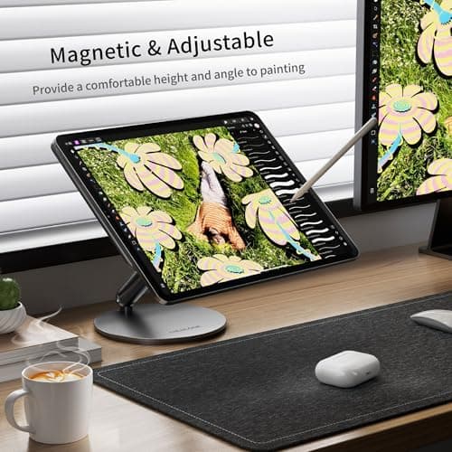 LULULOOK [Upgrade Magnetic Wireless Charging Stand for iPad Pro 12.9 3rd/4th/5th/6th, Foldable Aluminum Alloy Desk Arm Mount with 360° Rotating Base for iPad Air 13" M3 (2025)/M2, Cable Included 6