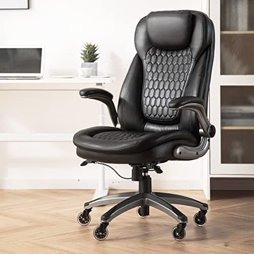 Executive Office Chair-Ergonomic Computer Desk Chair, High Back Leather Chair with Padded Flip-up Arms, Swivel Home Office Chair Upgraded Caster-Black 11