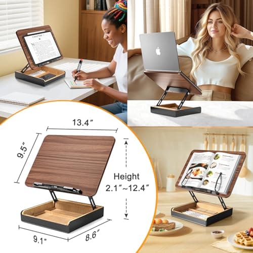 HUMANCOZY Book Stand with Storage, Book Holder for Reading Hands Free, Wooden Cookbook Stand for Kitchen Counter, Adjustable Reading Stand for Desk, Recipe Stand, Book Prop for Book Lovers 8