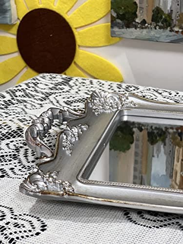 Schonee Rectangle Vintage Decorative Mirror Tray, Cosmetics Makeup Storage Jewelry Dresser Organizer Tray, Serving Tray (Silver- Rectangle) 7