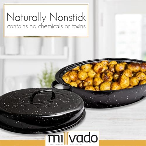 Millvado Roasting Pan With Lid, Thanksgiving Turkey Roaster Pan, Extra Large 20 lb Capacity, 19" Granite Oven Roaster Oval Shaped Speckled Enamel on Steel Cookware,for Roasting Turkey, Chicken, Lamb 4