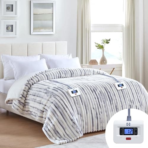 Sealy Electric Blanket Queen 84"*90",Super Cozy Faux Fur to Sherpa Reversible Heated Blanket Queen Size with 10 Heating Levels & 1-12 Hours Auto Off Overheating Protection Machine Washable,Blue White