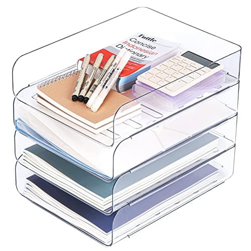 CiWiVOKi Set of 4 Office Organization and Storage, Clear PET Letter Tray Desk Organizer, Stackable Paper Tray Organizer for Desk Accessories, Notes, Pens, File Paper, Document