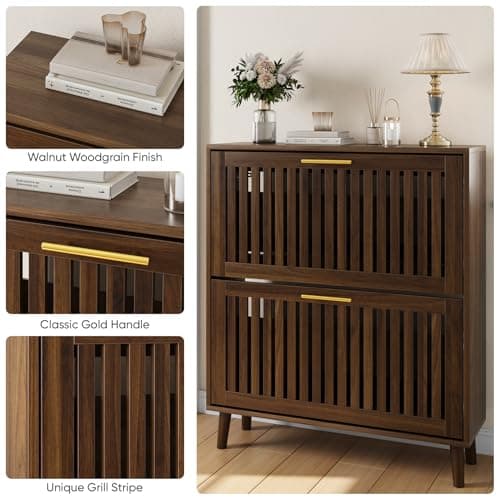 Smart FENDEE 31.5" W Shoe Cabinet Storage for Entryway with 2 Flip Drawers, Shoe Cabinet with Slatted Panel, Hidden Shoe Rack Freestanding Slim Shoes Organizer for Hallway, Entrance, Walnut 3
