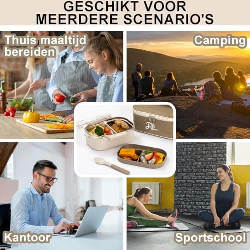 Lille Home Bento Lunch Box for Adult, 31oz Stainless Steel 2-Compartment Tiffin Lunch/Snack Box, Durable Bento/Food Container with Split Layer Lunch Bag and Utensils(Beige) 7