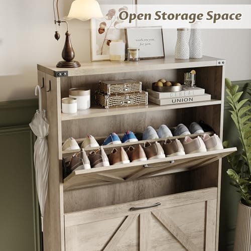 Halitaa Shoe Cabinet with 2 Flip Drawers & Open Storage,Farmhouse Shoe Storage Cabinet for Entryway,Freestanding Narrow Organizer Rack with Legs,Foyer,Hallway,Grey 8