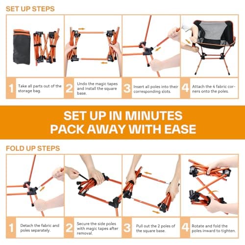 Sportneer Camping Chairs, Lightweight Outdoor Chairs with 2 Side Pockets & Storage Bag, Foldable & Portable Lawn Chairs for Camping Hiking Lawn Picnic Beach Outdoor Travel (1, Orange) 7