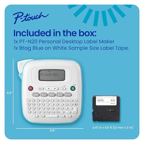 Brother P-Touch PT-N20 Personal Desktop Label Maker, Portable, Handheld and Prints, P-Touch Btag ~½” (12mm) Wide Color Personalized Label Tapes 10