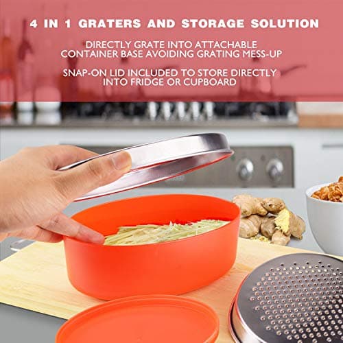 Cheese Grater Citrus Lemon Zester with Food Storage Container & Lid - Perfect For Hard Parmesan Or Soft Cheddar Cheeses, Ginger, Vegetables, Butter, Chocolate & Nutmeg (Red) 6