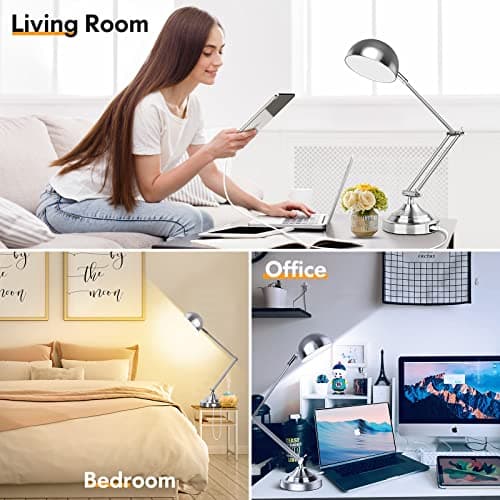 Touch Control LED Desk Lamp with USB Charging Port, Architect Brushed Nickle Lamp with Adjustable Swing Arm, Dimmable Silver Desk Lamp for Home Office Reading Study, 3000K/4000K/5000K 3 Color Modes 7