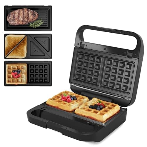 Sunvivi 3 in 1 Sandwich Maker, Electric Waffle Maker with Removable Non-stick Plates, 850W Panini Press Grill with Glass Top, Cool Touch Handle & Easy to Clean
