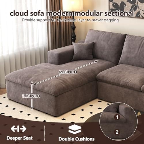 107'' L-Shaped Modern Modular Sectional Cloud Couch, 4-Seat Chenille Deep-Seat Sofa with Pillow for Living Room, Bedroom, Apartment, Camel 9