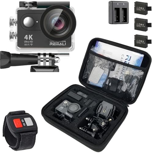 REMALI CaptureCam 4K60FPS Waterproof Action Camera 21-Piece Complete Kit and 3 Batteries — Amazing Family Sports Camera That Captures Best Moments — Great for Baseball, Fishing & Travel Adventures