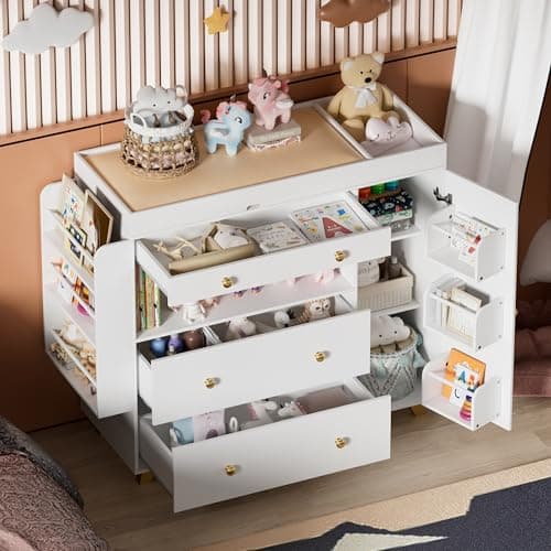 FURNJOYLIFE Nursery Dresser with Baby Changing Table, Modern Diaper Changing Station,Dresser for Nursery with 3 Drawers & Shelves, Storage Crib with Changing Table, White 6