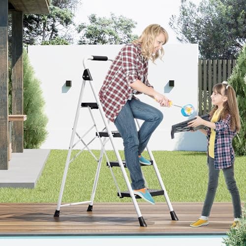 KINGRACK 4 Step Folding Ladder, 800lbs Capacity Step Stool with Safety Lock, Non-Skid Wide Pedals, and Handrail, Lightweight, Household Ladder for Home, Kitchen, Pantry, Closets, and Office Use, White 7