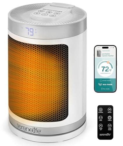 SereneLife Smart Space Heater – 1500W Indoor Electric Heater with Thermostat, Remote Control, 12-Hour Timer, Wi-Fi Enabled PTC Ceramic Heating for Home and Office, White (5.9" x 5.9" x 9.5")