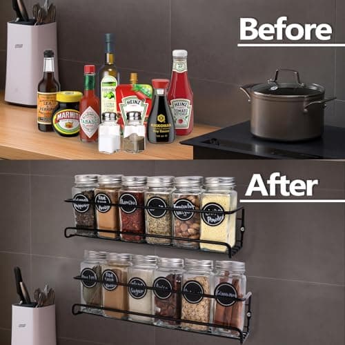 PNHYTUGY Spice Rack Wall Mount, 4 Pack Hanging Spice Rack with 24 Spice Jars, 180 Spice Labels, Whiteboard Marker & Funnel, Screw or Adhesive Spice Rack Organizer for Cabinet.Wall.Metal 5