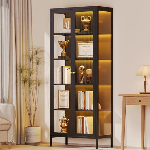 Lucky Monet 5-Tier Glass Display Cabinet with 13 Color Lights, 67" Tall Metal Curio Cabinets with Glass Door & Adjustable Shelves, Large Display Case for Collectibles Figures China Books, Black 6
