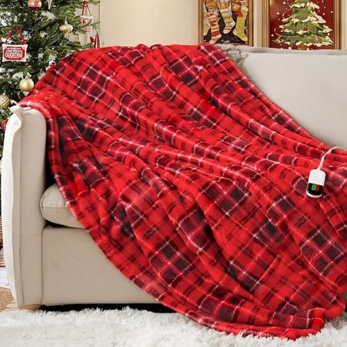 MAXEVE Heated Electric Blanket, 50"x60" Faux Fur Fast Heating Throw Blankets with 8 Heating Levels & 8 Hours Auto Off with Over-Heat Protection & ETL Certified, Plaid Red 7