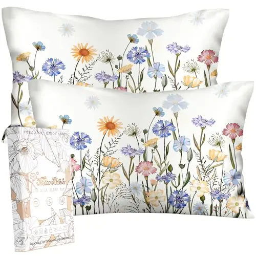 Miss Adola 2 Pack Silk Pillowcase - Standard Size 20 x 26 Inch Silky Pillow Case for Hair and Skin Soft Cute Aesthetic Bed Sleeping Pillow Cover with Zipper for Women, Colorful Flower
