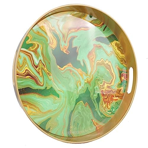 Leemxiiny Round Green Marbling Decorative Tray with Handles, 13" Morden Plastic Serving Tray for Coffee Table Bathroom, Ottoman, Home Decor