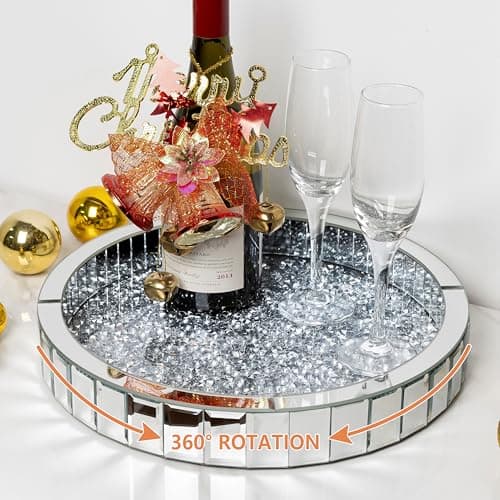 Blingworld 14" Mirrored Tray with Lazy Susan, Easy Access, Super Gorgeous Round Tray with Crushed Diamond Silver Finish - Perfume Organizer & Jewelry for Dresser