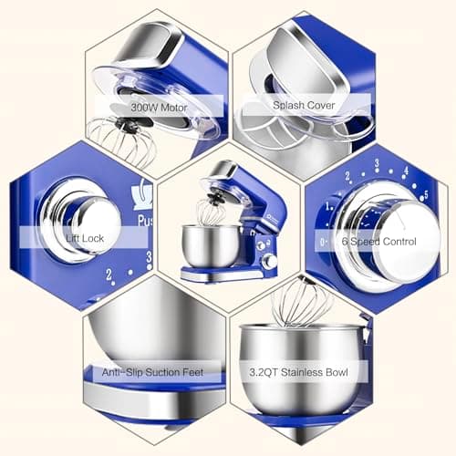 Kitchen in the box Stand Mixer,3.2Qt Mini Electric Food Mixer,6 Speeds Portable Lightweight Kitchen Mixer for Daily Use with Egg Whisk,Dough Hook,Flat Beater (Reflex Blue) 6