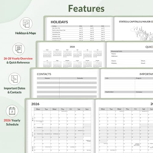 SUNEE 2026 Weekly & Monthly Hardcover Planner 5.5" x 8.3" - 12 Month (January 2026 - December 2026), Small Hardcover Planner, Pocket, Notes, 100 GSM Paper, Sage Green 7