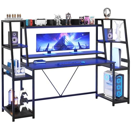 SEDETA Gaming Desk 78.8'' with LED Lights, Hutch and Storage Shelves, Computer Desk with Monitor Stand, Large PC Gamer Desk Workstation, Ergonomic Gaming Table for Bedroom, Living Room, Black 8