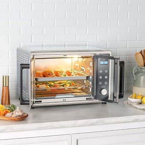 Sur La Table SLT-1832 French Door Air Fryer Toaster Oven Smart AI Cooking 8 Functions Air Fry Bake Toast Broil Dehydrate Pizza Warm Preheat 24H Timer 400°F Temp 13" Pizza 9-Slice Capacity 5