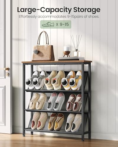 CHOEZON Shoe Rack, 4-Tier Slanted Shoe Storage Shelf, Narrow Shoe Rack for Entryway, Shoe Organizer with Adjustable Feet, Slim Shoe Shelf with Wooden Top and Metal Frame Rustic Brown and Black TXJ75BF 9