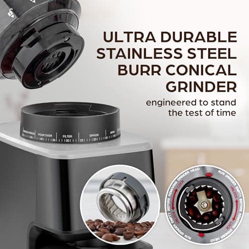 Zulay Kitchen Conical Espresso Burr Coffee Grinder - Touchscreen, 51 Bean Grind Settings, Precision Electric Timer, Stainless Steel - Includes Metal Scooper & 2 Cleaning Brushes 6