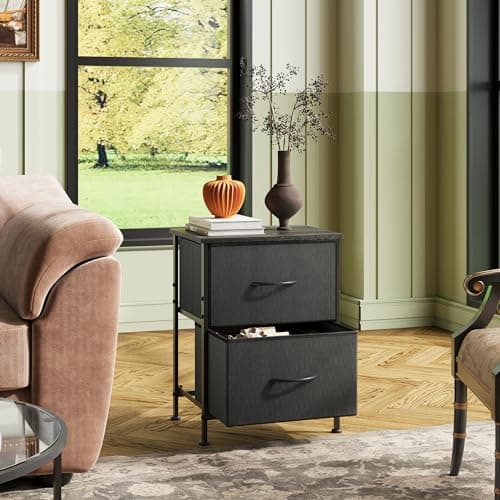WLIVE Black Nightstand, Small Dresser for Bedroom with 2 Fabric Drawer, Bed Side Table with Drawers, End Table Bedside Furniture, Sturdy Steel Frame, Wood Top, Closet Organizer, College Dorm 7