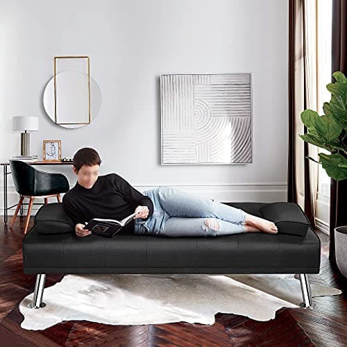 Yaheetech Linen Fabric Modern Sofa Bed Futon Couch Bed Folding Recliner Sleeper Reversible Loveseat Convertible Daybed, 2 Cup Holders, 3 Angles, 772lb Capacity, Removable Armrests, Black 4