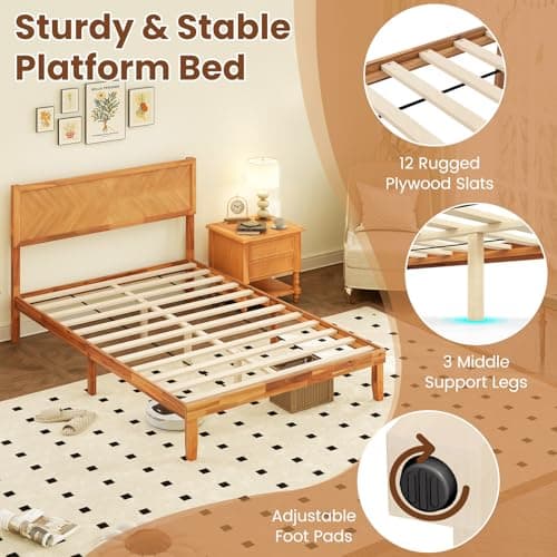 Giantex Wood Full Size Bed Frame with Headboard, Solid Acacia Wood Platform Bed with 12 Strong Wooden Slat Support, Scandinavian Style Art Deco Full Bed Frame, No Box Spring Needed, Rustic Brown 6