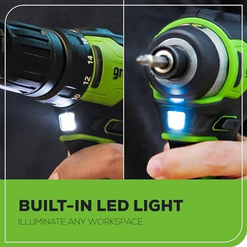 Greenworks 24V Brushless Cordless Drill Impact Driver Combo kit, 1/2”Drill & 1/4”Hex Impact Driver Power Tool Kit, Included 2 Batteries, 1 Charger, 8 pcs Bit Set & Bag, Green 10